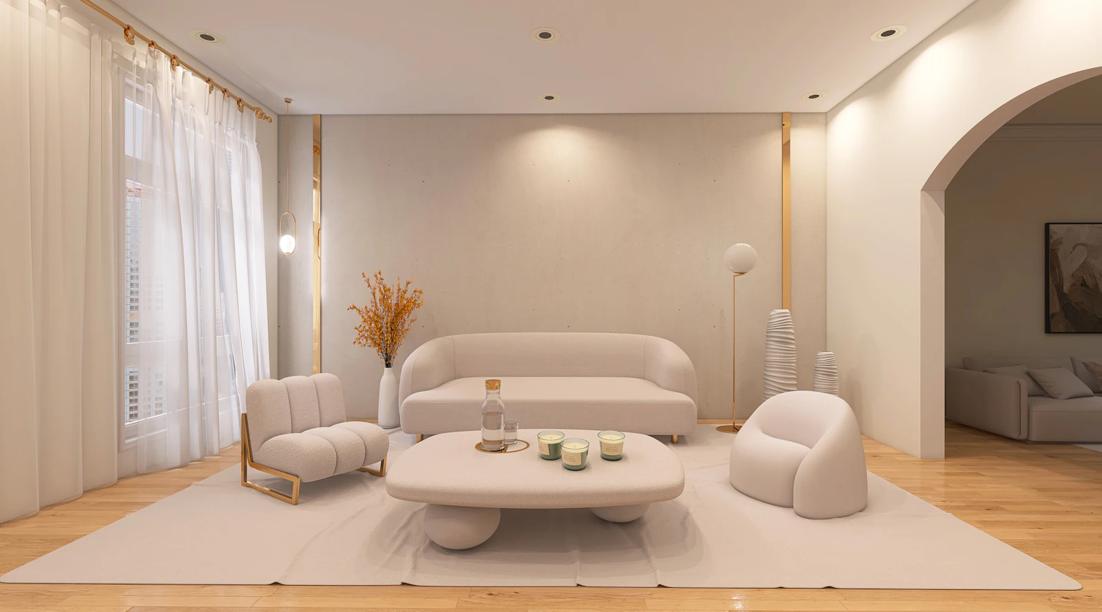 Living room with white furniture